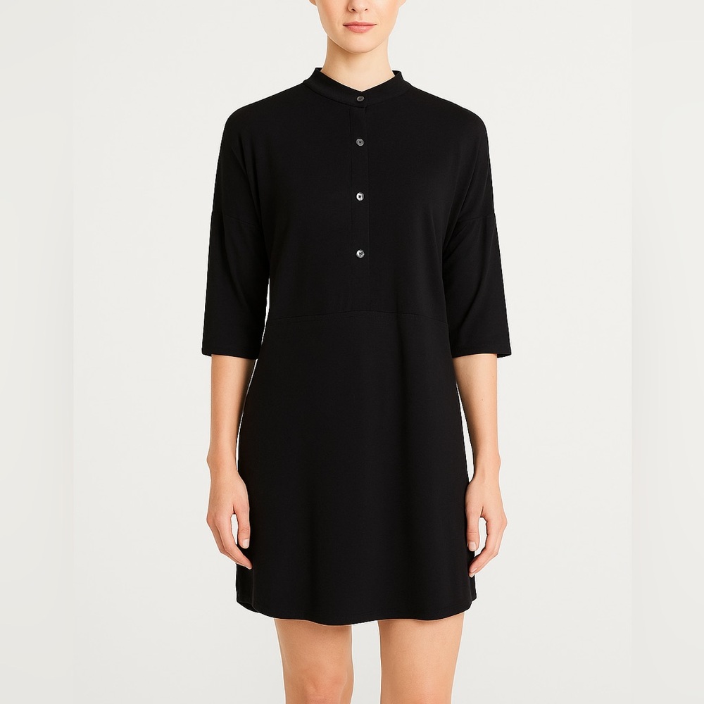 Eileen Fisher Black 1/2 Button‑Front Tunic Mini Dress – Empire Waist | Size XS